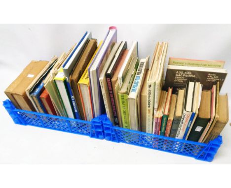 Two crates containing an assortment of hardback and other books, including Austin Farina workshop manual, Trout Fishing from 