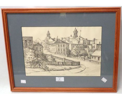 A framed limited edition monochrome print, entitled String Bridge, Exeter - signed and numbered 51/80 edition 2