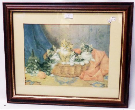 A framed coloured print, depicting kittens in a basket