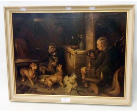 A framed oleograph on canvas, entitled Dog Chorus - surface scuffs
