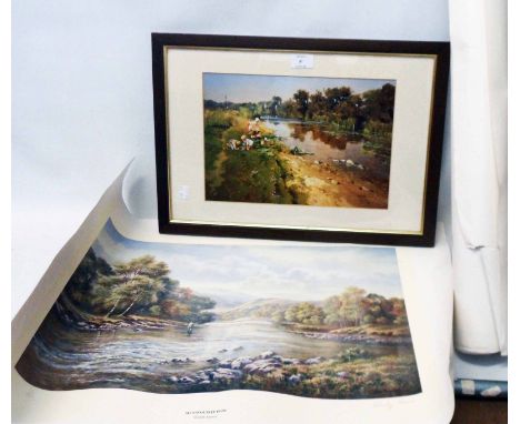 A framed coloured print, depicting figures fishing by a river - sold with four unframed rolled prints, including motor vehicl