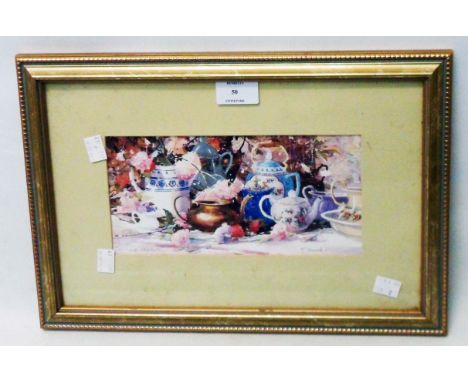 A gilt framed coloured print, depicting teapots and flowers on a table