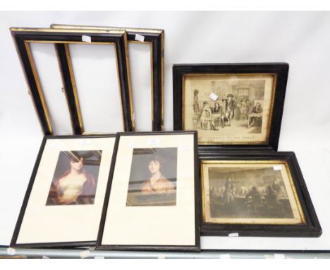 Two parcel gilt and ebonised picture frame surrounds, two coloured portrait prints and two framed clippings from The Graphic