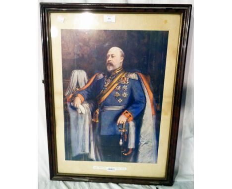A framed coloured print portrait of King Edward VII