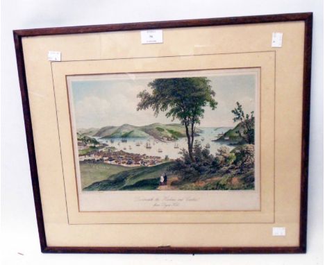 A framed antique coloured print, depicting Dartmouth castle and harbour - glass a/f