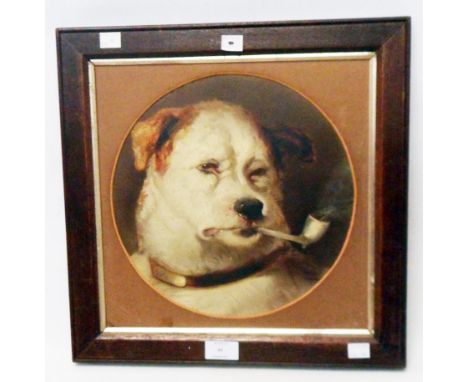 An oak framed coloured print, depicting a dog smoking a pipe