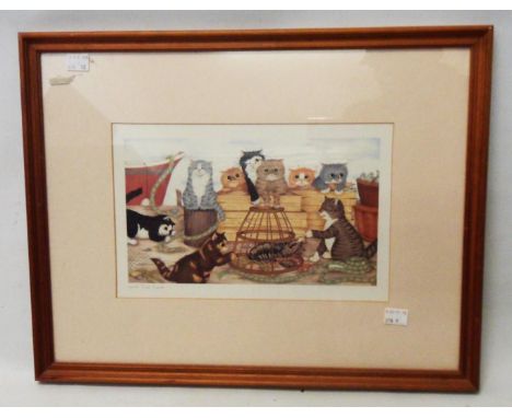 Linda Jane Smith: a framed coloured print, depicting cats around a quayside