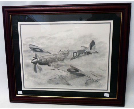 A framed monochrome print from a pencil drawing, depicting a Spitfire in flight 