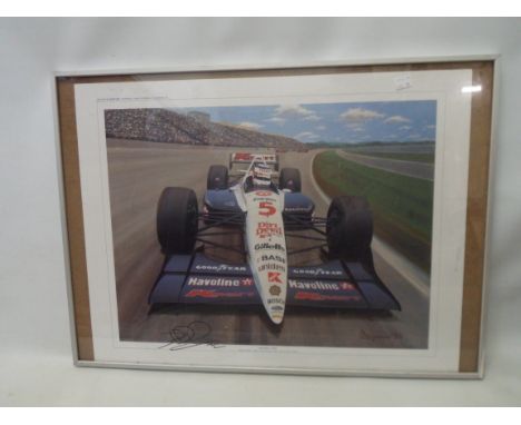 A framed Sports Seen coloured print signed by Nigel Mansell and entitled Double Take