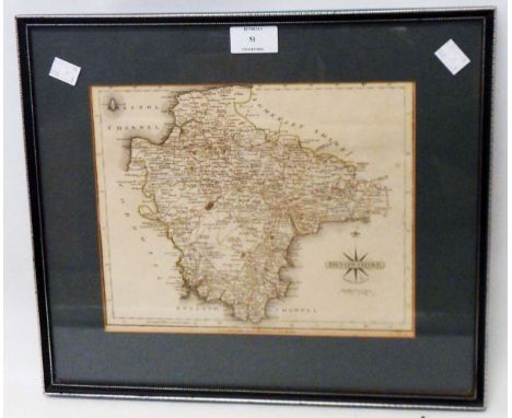 John Cary: a framed 1793 map print of Devonshire with hand coloured green border lines