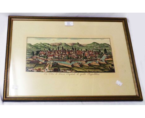 A framed polychrome print La Citta di Lucca Capitale di quella Repubblica