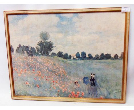 After Claude Monet: a framed print on canvas, depicting figures in a poppy field - slight canvas warping