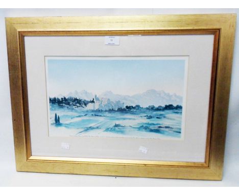 HRH The Prince of Wales: a gilt framed faded limited edition coloured print, entitled View in South of France - with certific