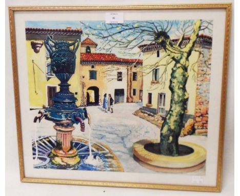 A gilt framed split coloured print, depicting figures in a continental square with water fountain