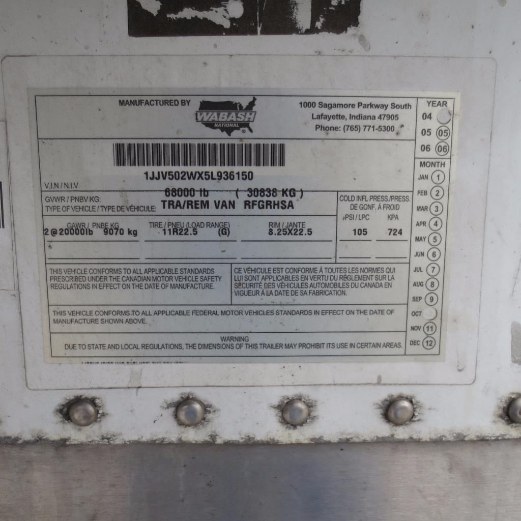 Wabash 50' Reefer Trailer, 13' 6" Hight, 99" Wide, Year2005 , Vin 1JJV5002WX5L936150, Rider 851