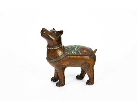 A Japanese cloisonné on bronze figure of a dog, Meiji period, the animal standing four-square with its head slightly raised, 