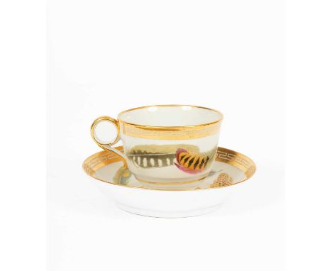 A Barr Worcester cabinet cup and saucer, circa 1805, finely painted with a ring of feathers, the gilt band rim with a Greek k