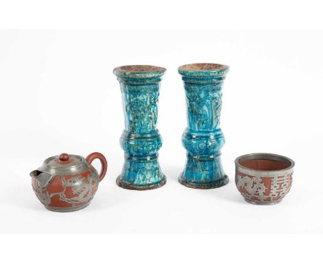A pair of Chinese turquoise glazed Gu vases, Ming dynasty, character marked to base, 21cm high and a Chinese pewter mounted Y