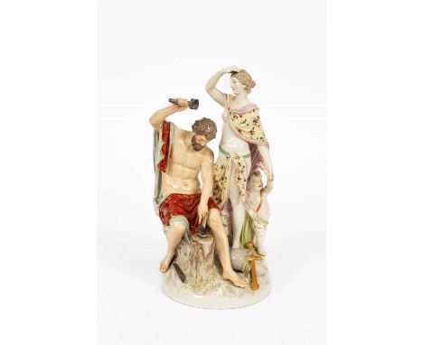A Berlin (KPM) group of Vulcan and Venus, impressed 'v720', late 19th century, with blue and red printed marks, 32cm high,Cra