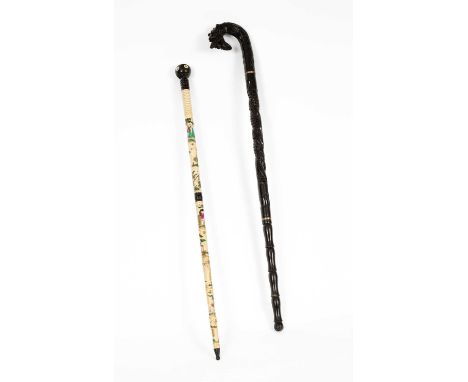A Chinese bone walking cane, 87cm long and a black painted walking stick with dragon handle (2)