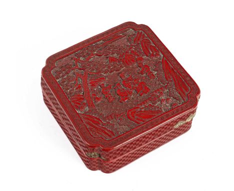 A Chinese cinnabar lacquer box, of square form with re-entrant over decorated with scholars beneath a tree in a landscape, 19