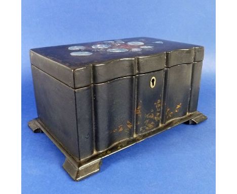 A late 19th century two-compartment papier-mȃché&nbsp;tea caddy inlaid with mother of pearl