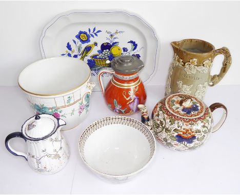 Various ceramics to include a fine quality porcelain cachepot hand-gilded and decorated with flowers and a heavy 19th century