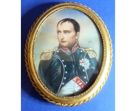 An oval gilt-metal framed and glazed portrait miniature of Napoleon, signed middle right (8.5cm high x 6.5cm across)&nbsp;(Th