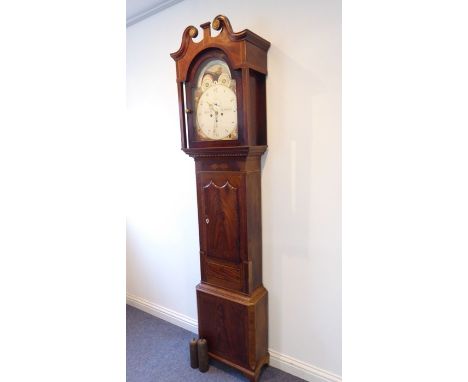 A large early/mid-19th century mahogany-cased eight-day longcase clock; the broken swan-neck pediment above a 13½-inch painte