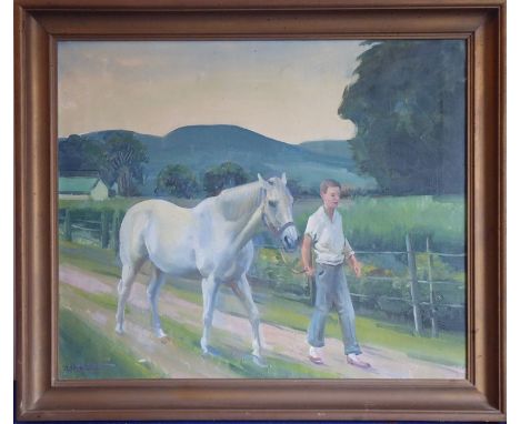 *R. J. M. (Richard John Munro) DUPONT (1920-1977), a framed oil on canvas study of a young boy leading a horse along a countr