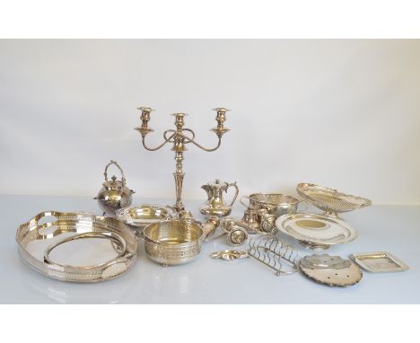 A quantity of silver plated ware, including a pair of two branch candelabra (one af), two swing handled bread baskets, variou