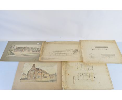 Ink and wash architectural presentation drawings, including two A T and Betram Butler The Plough and Harrow Rugeley and The S