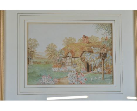 Three early 20th Century watercolours, all of cottages, either surrounded by flowers or river and bridge, signed M Mudiey 27c
