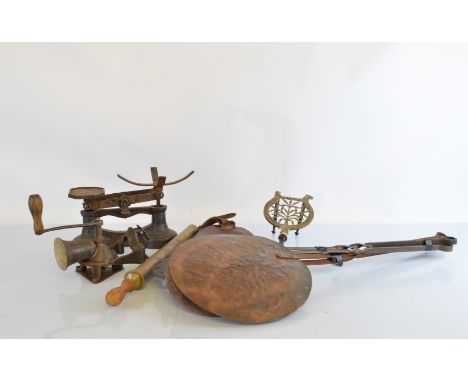A large collection of bygone era metalware, including a Spong &amp; Co meat grinder with table clamp, a leather cased Greek a