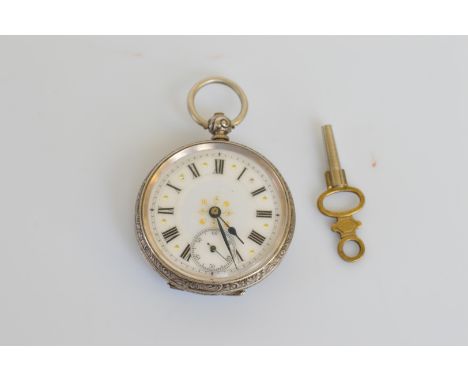 A continental lady's white metal open face fob watch, with enamel face, roam numerals, second subsidiary dial, 5.2cm with bal