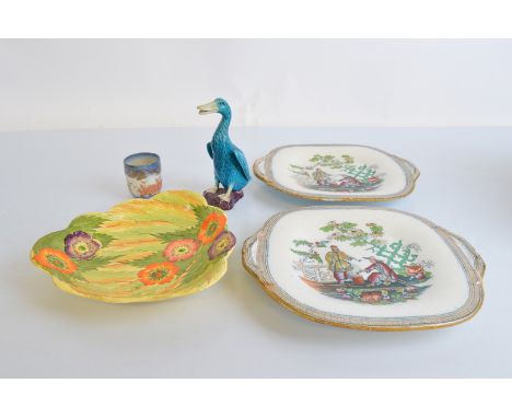 A Japanese porcelain tea bowl, a Chinese stoneware model of a duck in turquoise, Carltonware dish and two Peking decorated St