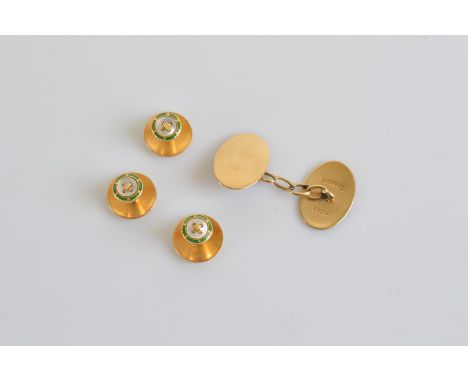 Three 15ct gold enamel and mother of pearl dress studs, 3.9g, and a 9ct gold single cufflink, 2.2g