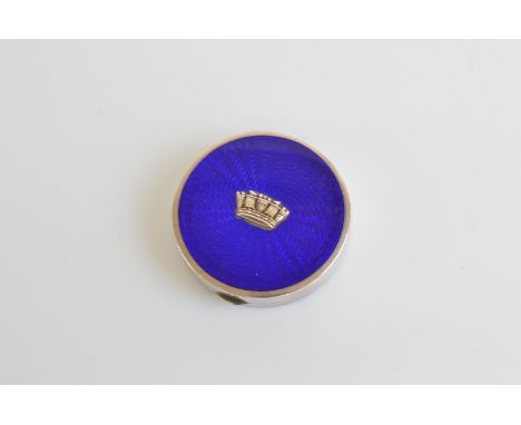 A George V silver and enamel naval compact, with blue guilloche enamel centred with naval crown, retailed through Page of Ply
