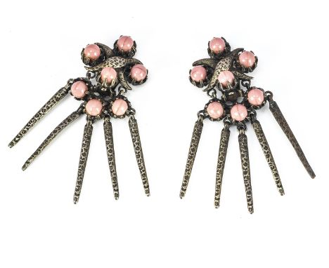 A pair of Christian Dior simulated coral and base metal clip earrings,  by Mitchel Maer, the clusters with cross design, abov