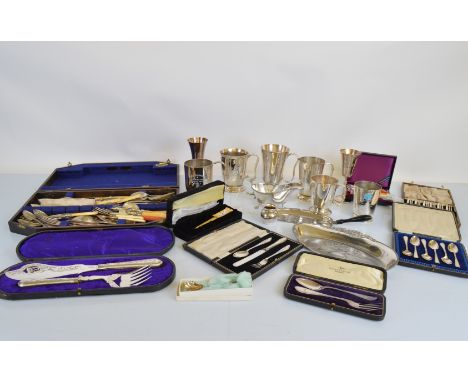 A quantity of cased silver and silver plated flatware, including a silver christening set, knife, fork and spoon, Sheffield 1