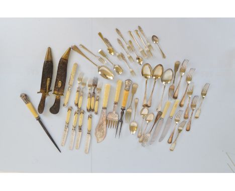 A quantity of silver plated ware, including a part set of ivory handled fruit knives and forks, comprising five knives and fo