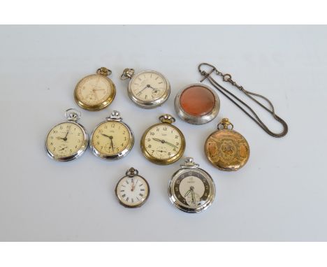 A continental open faced lady's fob watch, in white metal case, white enamel face and numerals, together with an Elgin gold p