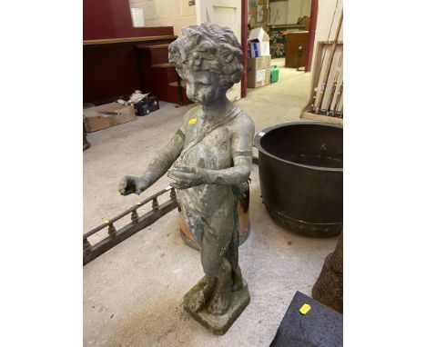 Lead figure of a child wearing a cloak and standing on a plinth (previously restored)