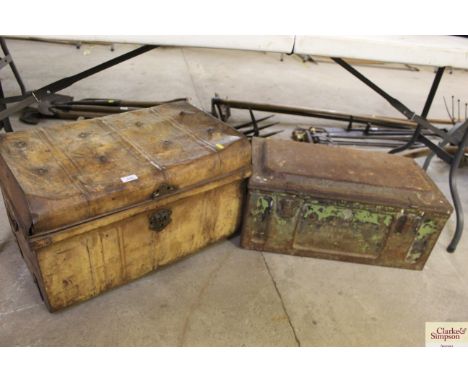 A vintage tin trunk and an old ammunition box 