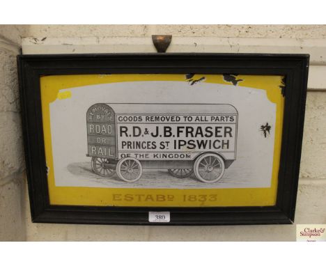 An enamel framed sign for R.D. &amp; J.B. Fraser of Princes Street, Ipswich, approx. 19" x 12" including frame 