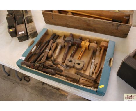 A box of various woodworking tools 