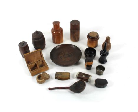 A quantity of antique Treen including a Bewley &amp; Hamilton Apothecaries bottle box, a small Lignum Vitae salve pot, boxes,