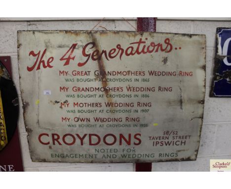 "The Four Generations, Croydon's of Tavern Street, Ipswich" enamel sign, approx. 40" x 30"