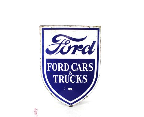 A shield shaped double sided "Ford Cars and Trucks" blue and white enamel sign, approx. 32¼"  x23½" 