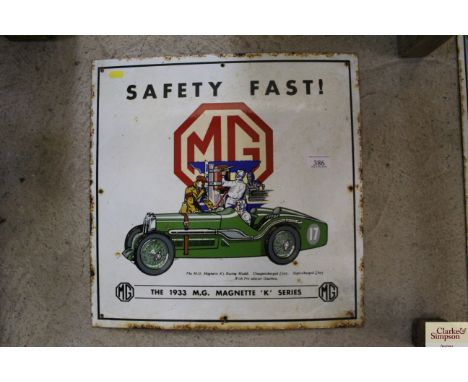 An ornate MG enamel sign for the "1933 MG Magnette "K" series Vehicle", approx. 17½" x 17½"